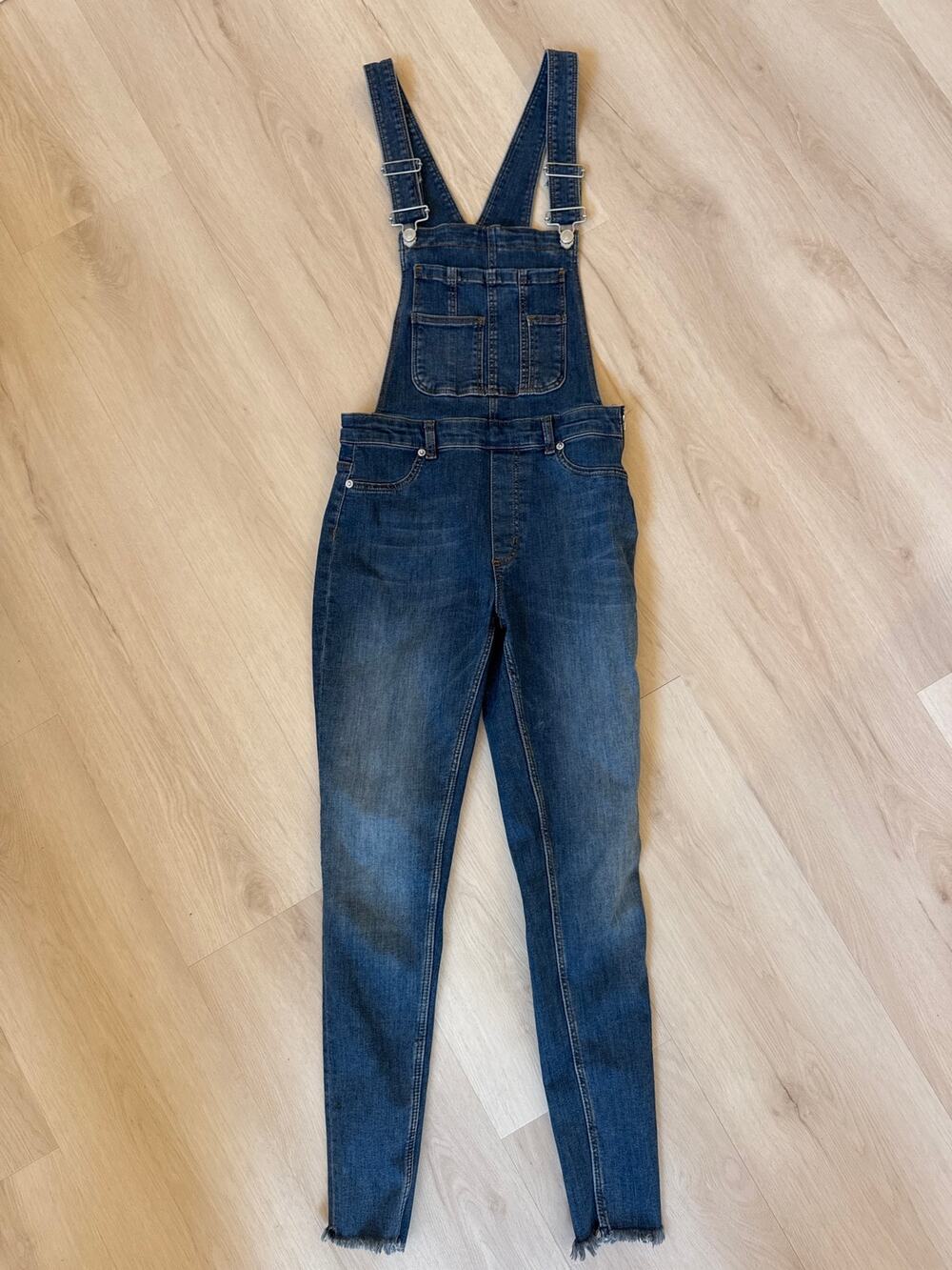 Free People Denim Bib Overalls Womens W27R Skinny Stretch Raw Hem Blue Jeans